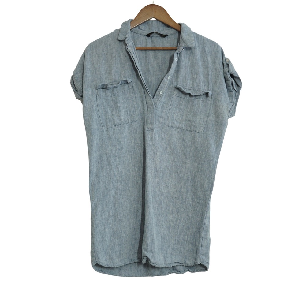 Zara Women's Blue Denim Chambray Mini Dress Short Sleeve Casual Summer